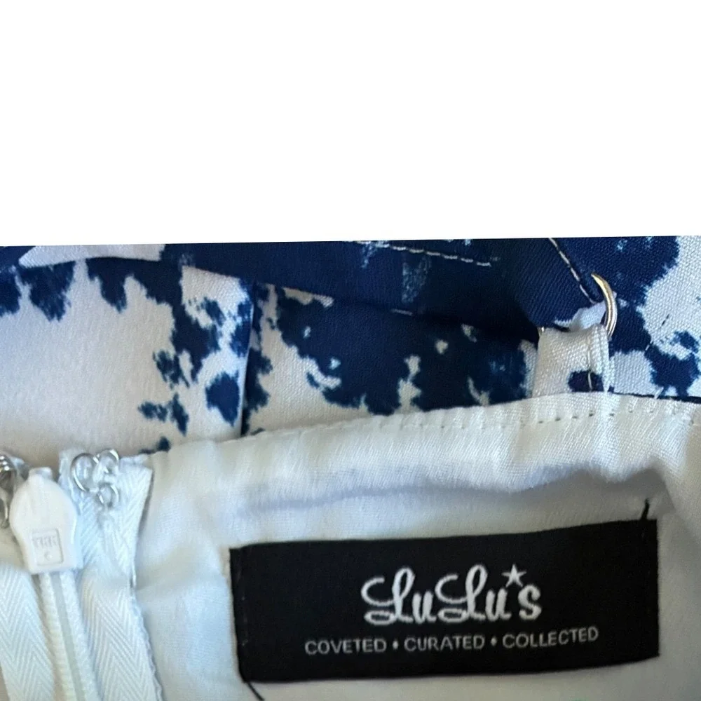 Lulus Navy‎ Blue White Floral High Neck Skater Dress LD9225Y Womens Medium